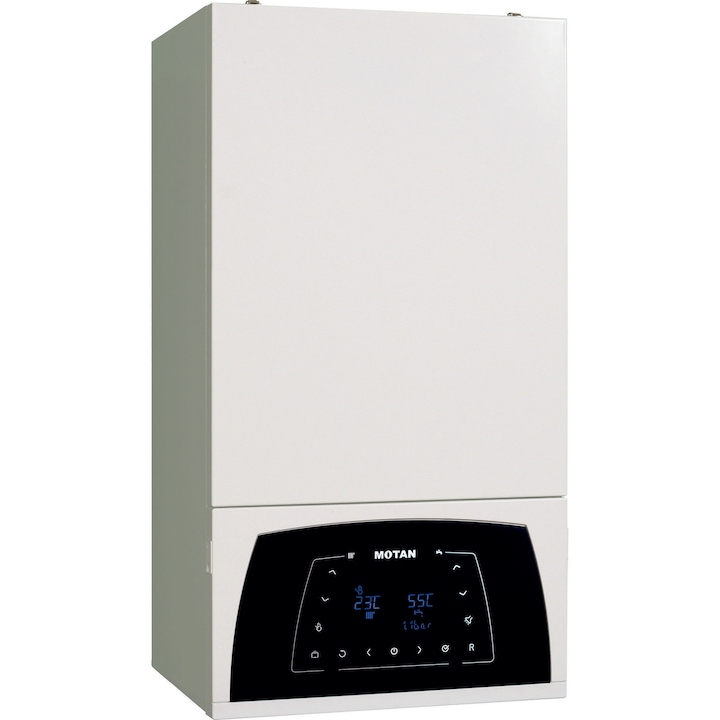 Centrala termica in condensare Motan Condens Plus 100 C38GC25V1, 25 kw, schimbator principal inox, schimbator secundar supradimensionat, raport de modulare 1:10, grup hidraulic din bronz, fara kit de evacuare