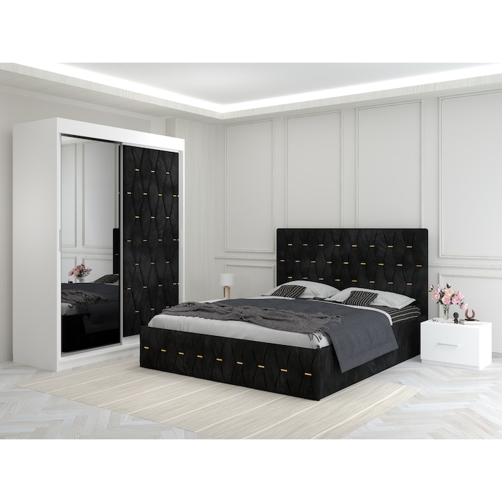 Dormitor Ana Negru cu Dressing Tapitat 150x200x60 cm si Pat Tapitat 160x200