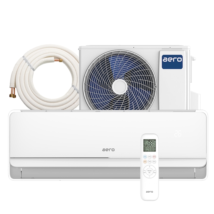 Aer Conditionat AERO Freezy ACS-24FW Wi-Fi, R32, Kit de instalare inclus, Inverter, 24000 BTU/h, clasa A++, I Feel, Autodiagnoza, Autocuratare, AutoRestart, Turbo, Filtru Antibacterian, CarbonActiv, PM2.5, afisaj LED