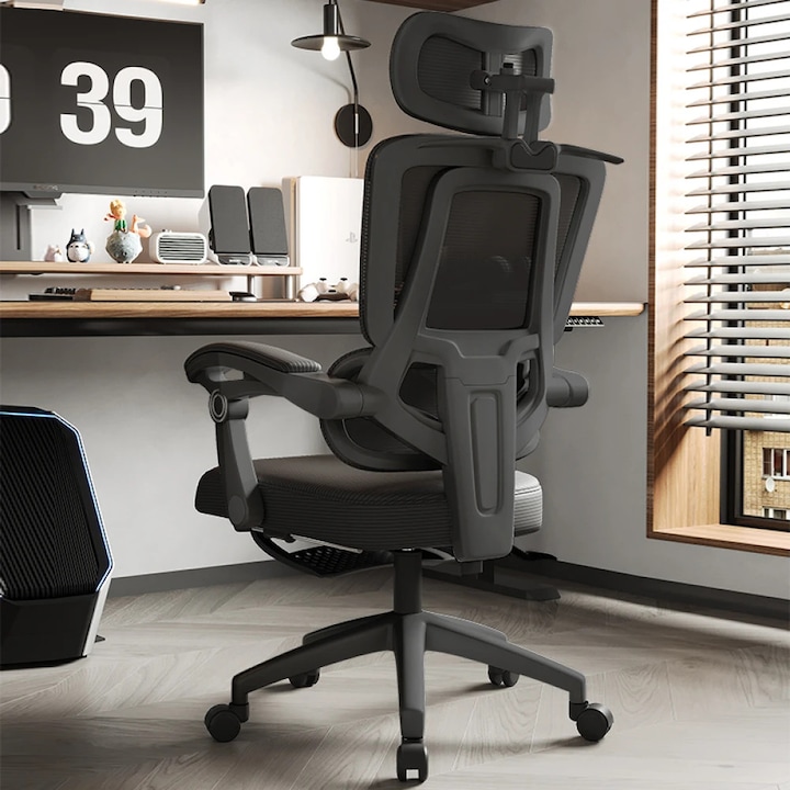 Scaun Ergonomic, TOP SCAUNE®, Scaun Birou Reglabil, Suport Lombar Reglabil, Tetiera 3D Reglabila, Spatar Mesh Respirabil, Reclinabil, Pivotant 360°, Suport Picioare Extensibil, Scaun Ergonomic Confortabil, Design Modern, Negru