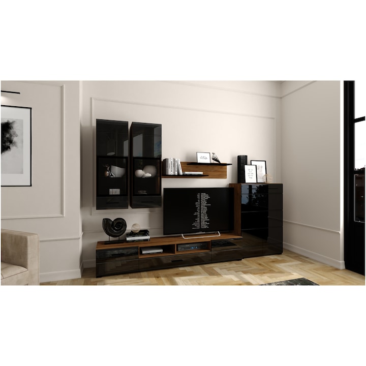 Living/Biblioteca KringX Maia, Stejar/Negru lucios, 285 x 190 x 40 cm, include iluminare LED