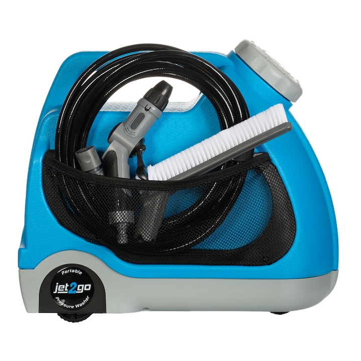 Aparat de spalat cu presiune portabil Jet2Go A1, capacitate 15L, presiune 3-9 bari, la priza 12V, pompa 60W, sistem anti lag, pistol, perie, cap de dus, furtun 6m