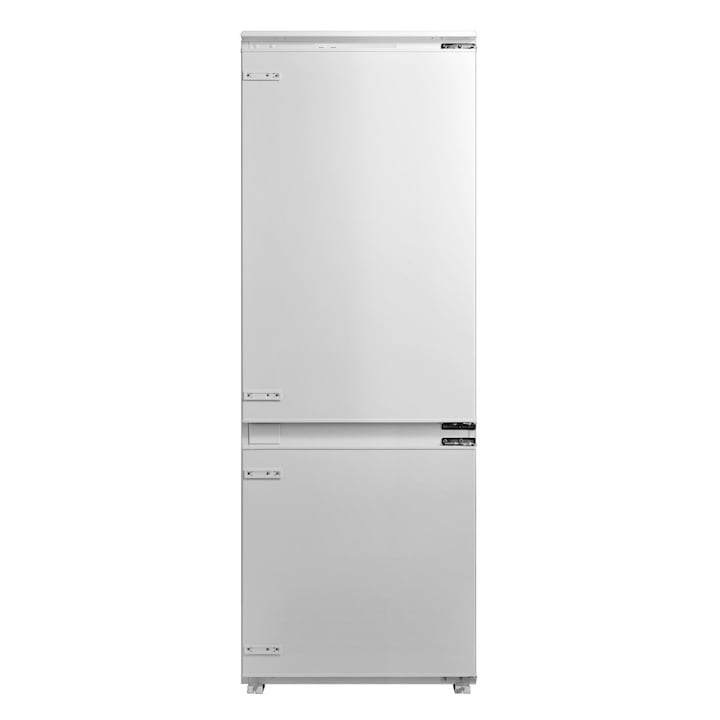Combina frigorifica incorporabila Heinner HCNF-BIM403INVD, 403 l, Clasa D, No frost, Compresor inverter, Display , Functie super racire/super congelare, Functie vacanta, Lumina led, Alarma usa deschisa, H 195.3 cm, Alb