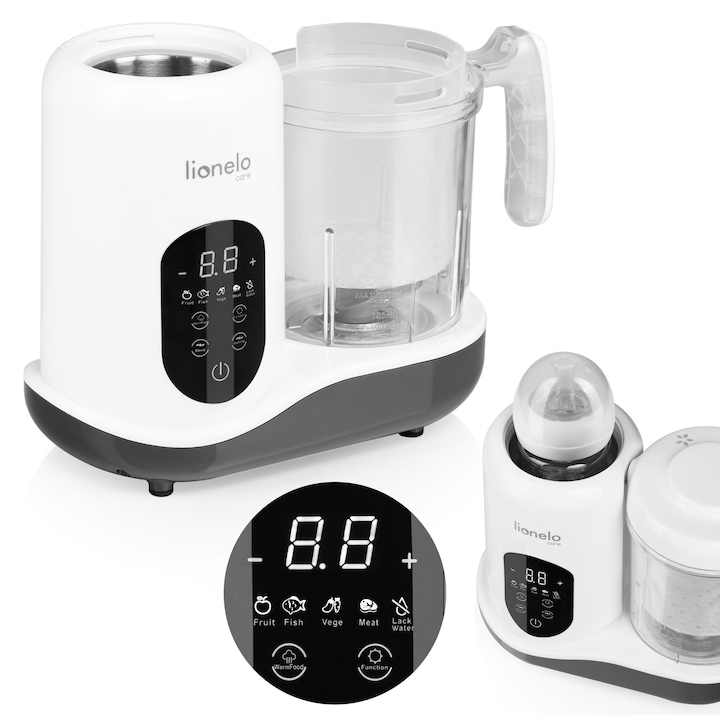 Aparat de gatit, Lionelo, BabyMenu, Gatire la abur, dezghetare, amestecare, incalzire, sterilizare, Recipient din tritan, Meniu cu retete, Alb