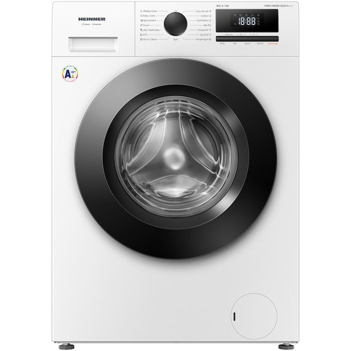 Masina de spalat rufe HEINNER HWM-HME9014IVA10+++, 9 KG, 1400 RPM, Clasa A-10%, MOTOR INVERTER, Display digital, Program Allergy steam, Alb