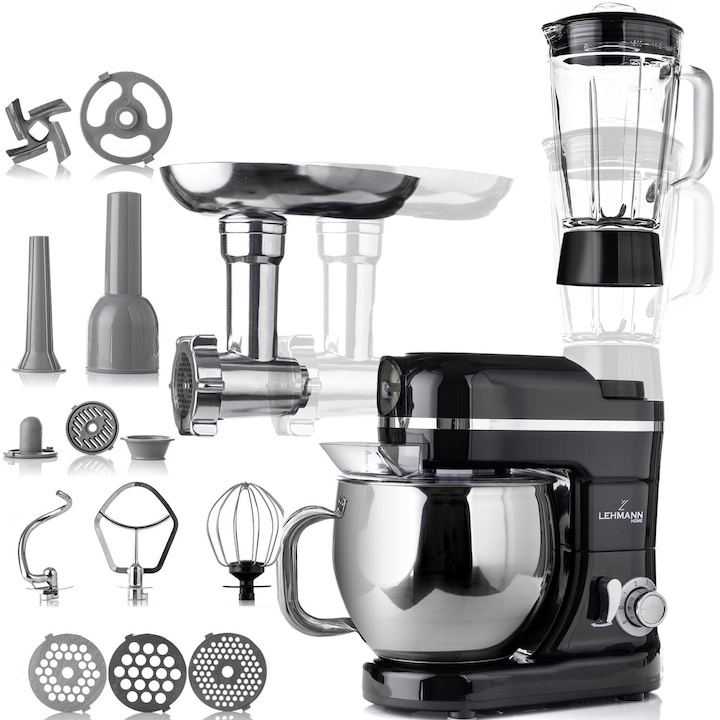 Robot de bucatarie Lehmann Mastic, tocator de carne, blender, 3 in 1, 1300 W, 6 viteze, bol de 5 l, 550x415x215, 7 kg, negru