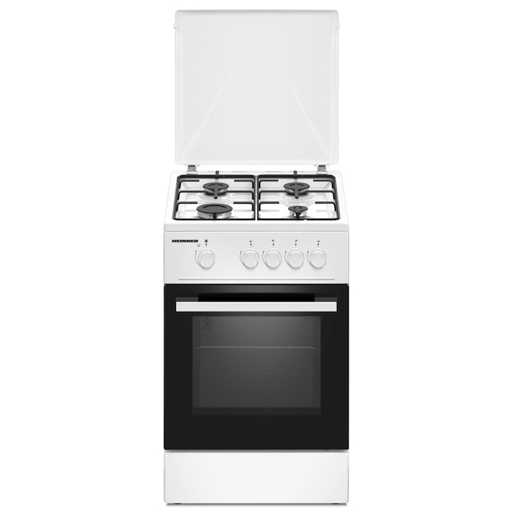 Aragaz HEINNER HFSC-K50WH, Gaz, 4 arzatoare, Duze GPL incluse, Tava si gratar cromat, 50 cm Alb