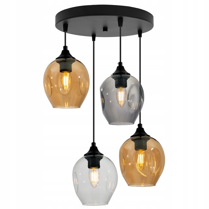 Lustra suspendata cu 4 surse de lumina, cu abajururi din bila neregulata de sticla, tip E27 max 60W, 230V, negru