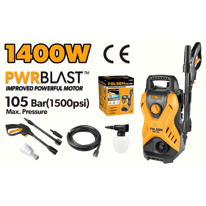 Aparat de spalat cu presiune TOLSEN 1400W, 105 bar, PwrBlastX FX Force Xpress, Debit 5L/min, Autoaspirare, Protectie temperatura si presiune, Furtun 5m, Pistol cu duza reglabila, Accesorii incluse, CE