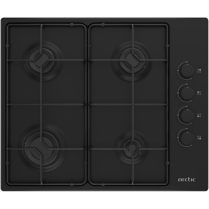 Plita incorporabila Arctic ARAGN64124SB, Gaz, 4 arzatoare cu eficienta ridicata, Aprindere electrica, Safety Plus, 60 cm, Negru