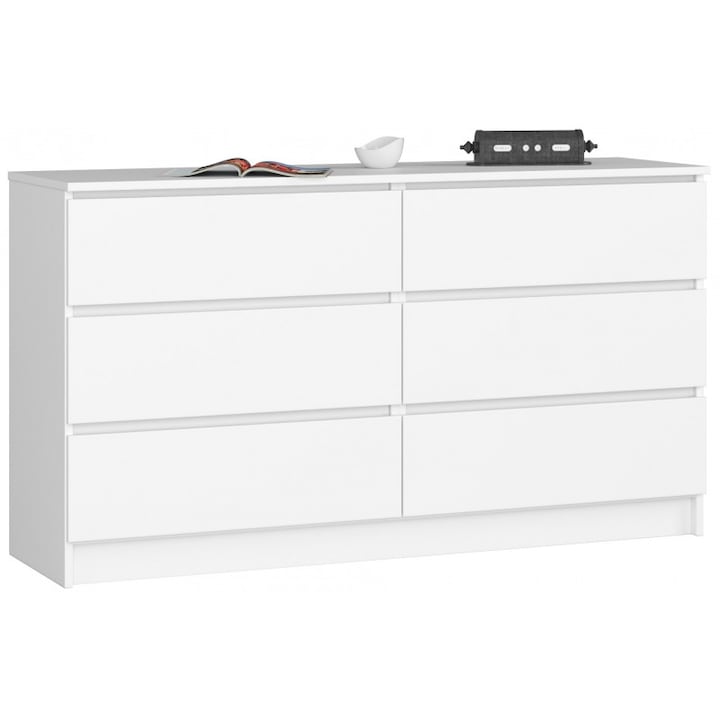 Comoda cu 6 sertare, PAL laminat, 138x40x77 cm, alb mat