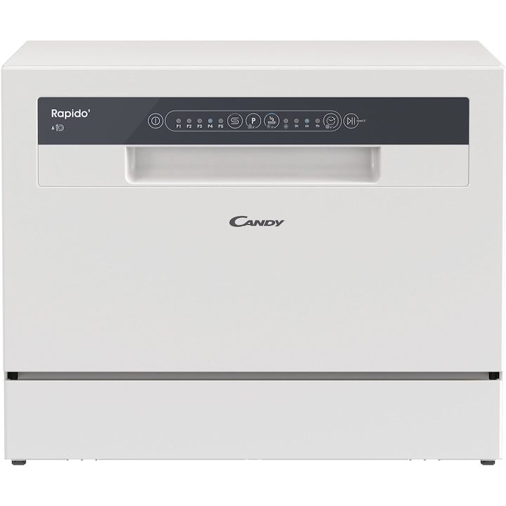 Masina de spalat vase compacta Candy Rapido CP 6E51LW, 6 seturi, 5 programe, Clasa E, Pornire intarziata, Program scurt 35', 55 cm, Alb