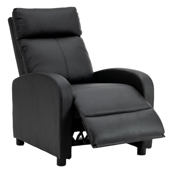 Fotoliu recliner din piele ecologica, spatar rabatabil si suport picioare extensibil, Negru