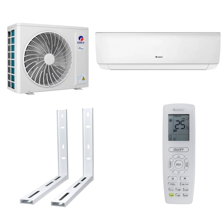 Set Aparat de aer conditionat Bora A4 Silver NEW 2024 GWH12AABXB-K6DNA4A, 12000 BTU, A++/A+, Wi-Fi, Inverter, Cold Plasma, Auto Clean, I Feel + Kit instalare si Console pentru unitate exterioara, 430 x 360 mm, Alb