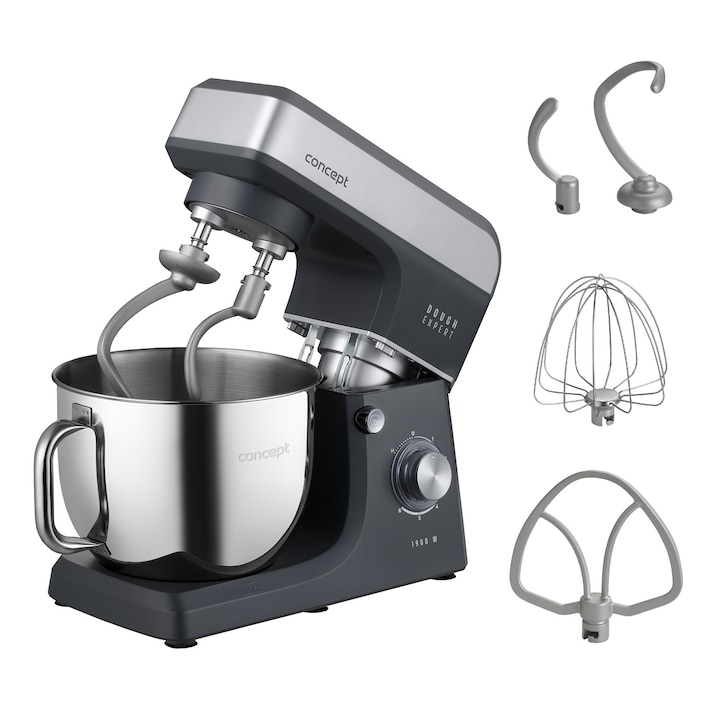 Robot de bucatarie planetar Concept Dough Expert RM6010, 1900 W, bol inox 7 l cu incalzire la 42°C, carlig dublu pentru aluat, 6 viteze, sistem planetar si accesorii incluse
