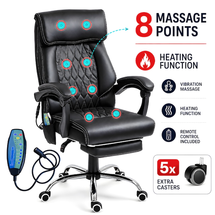 Scaun de Birou Directorial Cu Masaj KD Home® OmniRelax, Incalzire, Ergonomic, Cu 8 Puncte de Masaj, inaltime reglabila, 2 Seturi Roti Silicon Incluse, Telecomanda, Suport Picioare, Baza Metalica, Negru