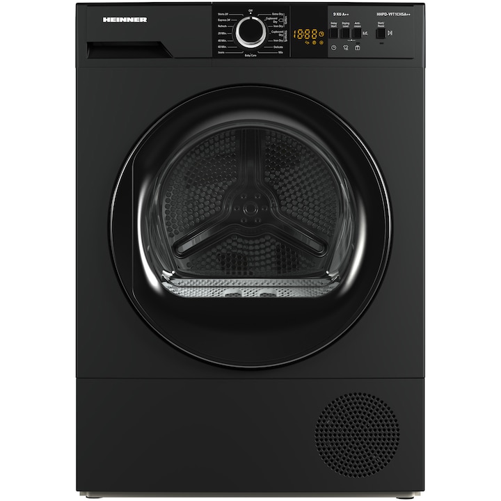 Uscator de rufe cu pompa de caldura Heinner HHPD-V9T1CHSA++, 9 kg, 15 programe, Clasa E, Display Led, Program rapid camasi 20 min, Program expres 34, Functie anti-sifonare, Blocare acces copii, Argintiu