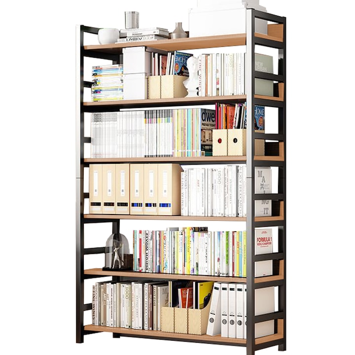 Biblioteca in stil industrial, Maro/Negru, MDF/Metal, 6 rafturi, 80x30x174 cm, Muvu