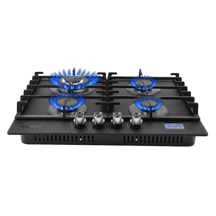 Plita pe gaz incorporabila KB ELEMENTS, 4 arzatoare, sticla securizata neagra 8 mm, aprindere electrica, control touch digital, timer, siguranta oprire automata, LPG/NG