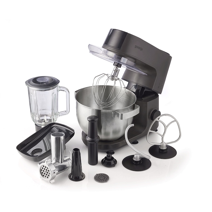 Robot de bucătărie Gorenje, 1000W, 6 trepte viteză, vas inox 6l, blender sticlă 1.5l, gri antarcit