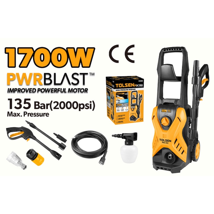 Aparat de spalat cu presiune TOLSEN 1700W, 135 bar, PwrBlastX FX Force Xpress, Debit 5L/min, Autoaspirare, Protectie temperatura si presiune, Furtun 7m, Duza reglabila, Accesorii incluse, Cablu VDE, CE