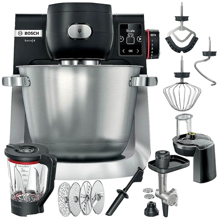 Planetary robot, Bosch, MUMS6ZS34, 5.5 liters, 1600 W, 7 viteze, amestecare planetara 3D, scala integrata, negru si argintiu, set 15 piese, otel inoxidabil, material plastic cu elemente din otel inoxidabil, temporizator integrat, tehnologie inteligenta a