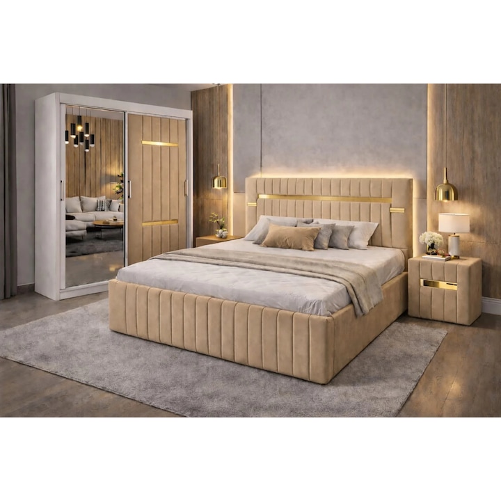 Dormitor Velvet Bej cu Dressing Tapitat Si Noptiere Tapitate
