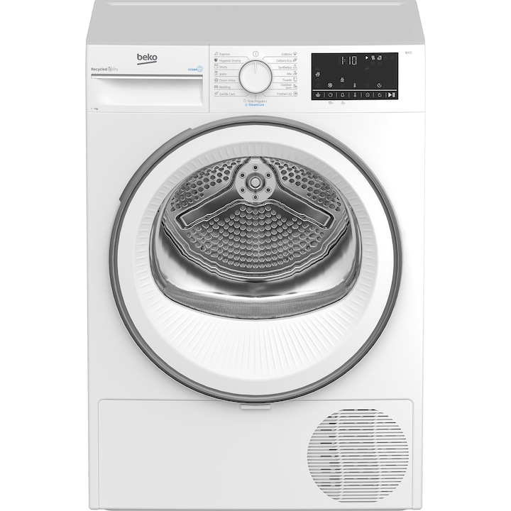 Uscator de rufe Beko B3T67230, 7 kg, Clasa D, Pompa de caldura, SteamCure, Hygienic Dry, Recycled Dry, Alb
