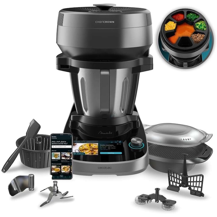 Robot bucatarie multifunctional Cecotec Mambo Cooking Victory, Multicooker 1700W, 45 functii, 4,5 l, dispenser ingrediente, gatire automata, aplicatie retete gratuita, vase gatire abur