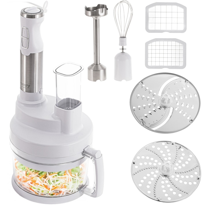 Robot de bucatarie 14 in 1 Camry CR 4623W, 1600W, 2 l, Blender, Tocator, Accesorii, Turbo, Inox/Alb