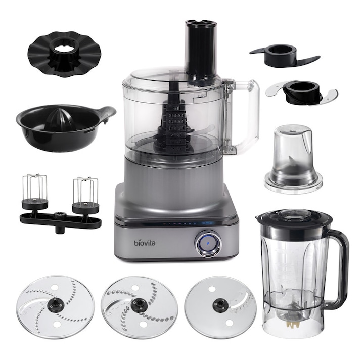 Robot de Bucatarie, Biovita FELIX, cu Blender de 2L, Vas Procesator de 2.3L, 12 Functii, 10 Accesorii, Rasnita, Storcator, 1000W