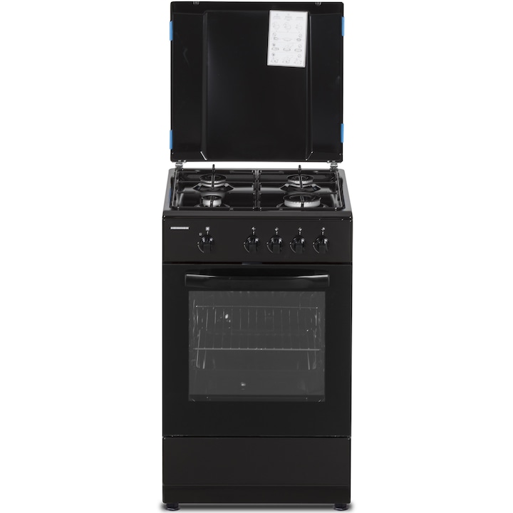 Aragaz Heinner HFSC-SME50BK, Gaz, 4 arzatoare, Dispozitiv siguranta plita si cuptor, 50 cm, Negru