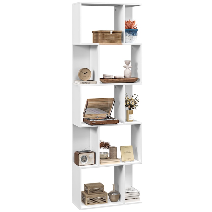 Raft de carti impartit cu 5 niveluri HOMCOM, Biblioteca din lemn in forma de S, care economiseste spatiu, raft despartitor pentru sufragerie, dormitor si birou, 60x24x184,5 cm, alb