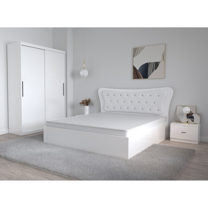 Set Dormitor Dante Alb, Pat Matrimonial 160 cm x 200 cm si Noptiere 48 cm X 32 cm X 35 cm si Dulap usi Glisante fara Oglinda 150 cm x 200 cm x 61 cm