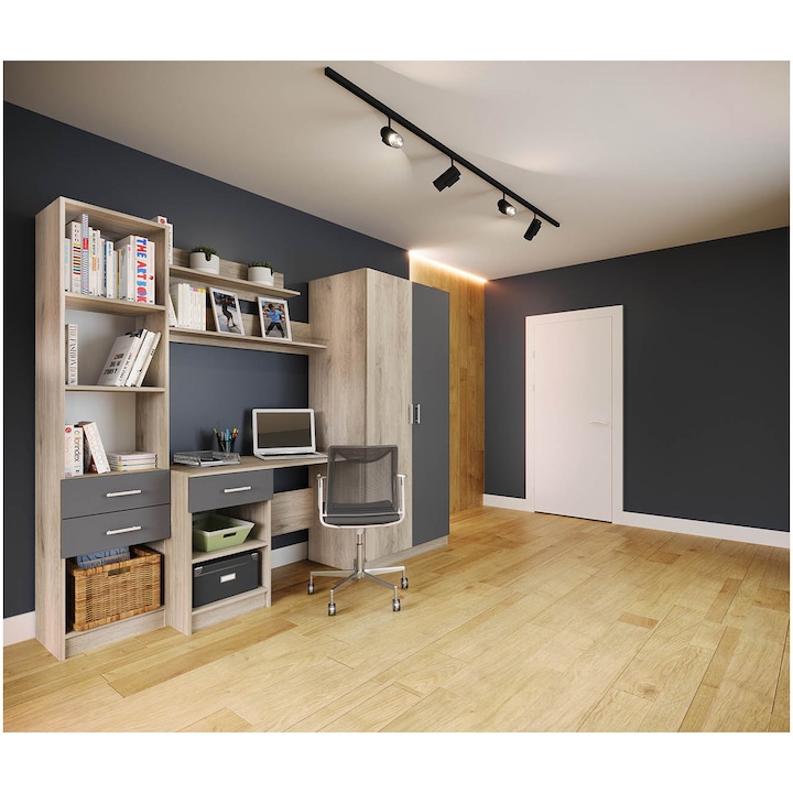 Set Mobila Dormitor tineret Irim Kinder 220x52.5x181 cm, Sonoma/Gri Beton