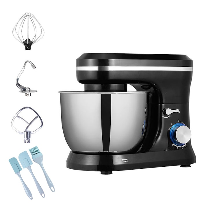 Robot de bucatarie，Sokany，1200W，Bol 5 L Inox, Cu 3 Accesorii, Cu set de instrumente de copt 3, 6 Viteze + Pulse, Negru - Inox