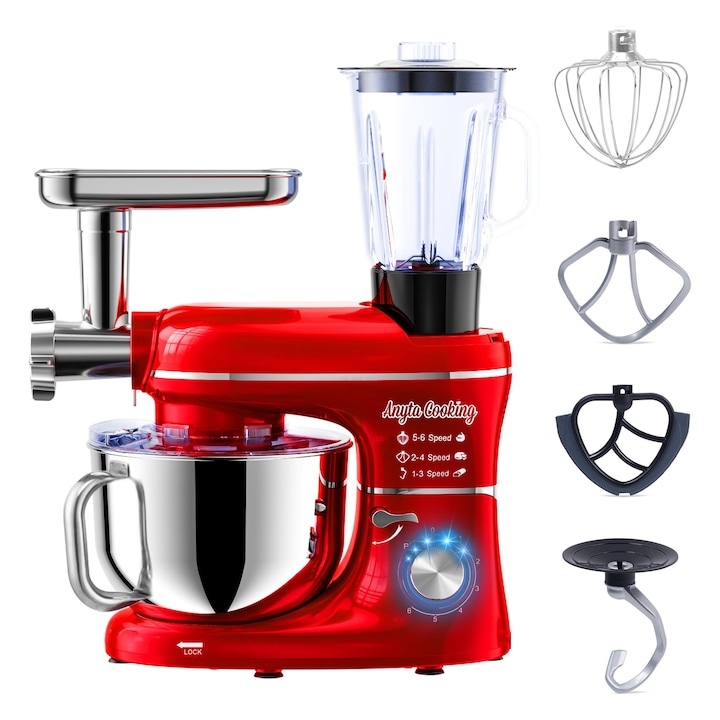 Robot de bucatarie cu blender si tocator, 1500W, Rosu, cu bol din inox de 6.2 L, Anyta Cooking