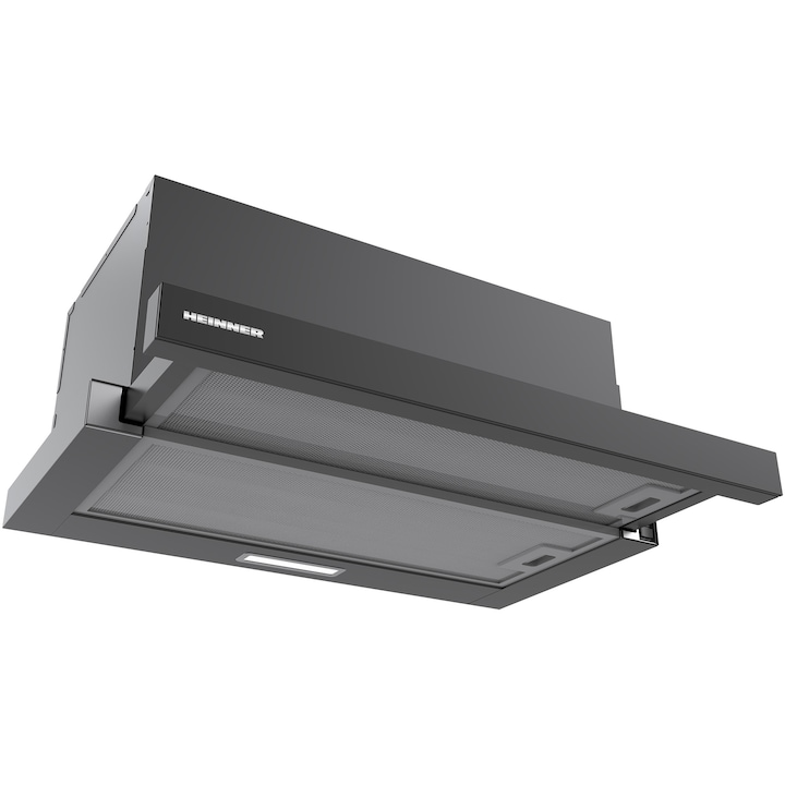 Hota telescopica Heinner HTCH-MD600GBK, 60cm, 630 m3/h, 2 trepte de viteza, motor: 1 x 215w, lumina led: 1 x 1.5w, 2 filtre aluminiu, diametru tub de evacuare: 150 mm, negru+sticla
