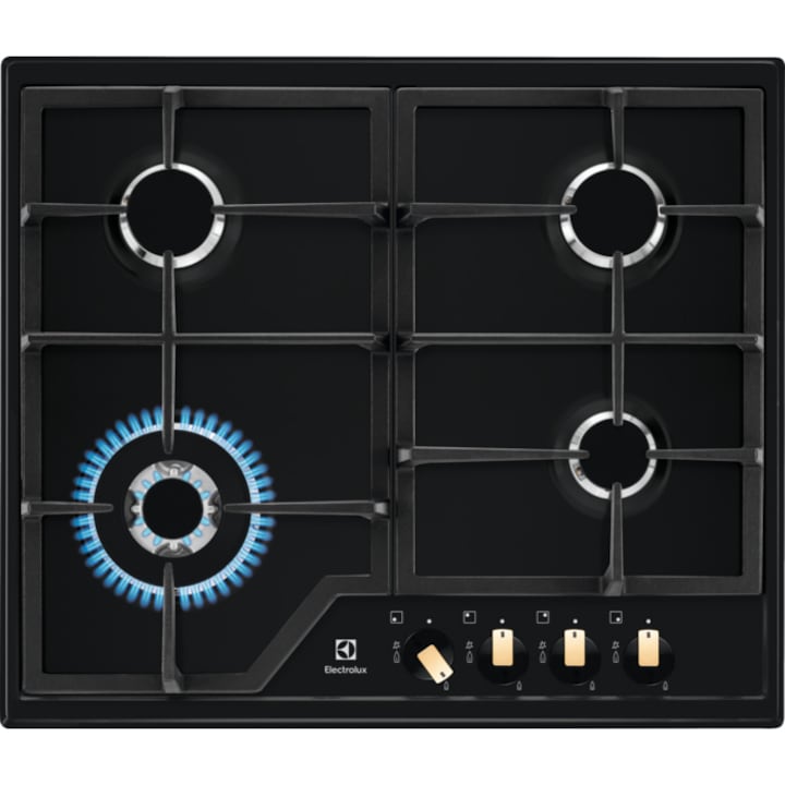 Plita incorporabila Electrolux KGS6436RK, Gaz, 4 arzatoare, Aprindere electrica, Dispozitiv de siguranta, Arzator Wok, Gratare fonta, 60 cm, Negru