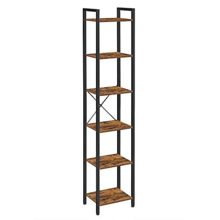 VASAGLE Raft cu 6 etaje, tip biblioteca, cadru metal si polite lemn, 30x40x187cm, industrial, maro rustic si negru
