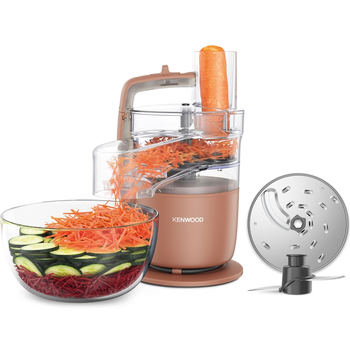 Robot de bucatarie compact KENWOOD MultiPro Go FDP23.140RD, 900W, vas 1.3L, 2 trepte viteza, functie 360 Express Serve pentru feliere/razuire nelimitata, portocaliu