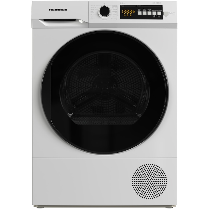 Uscator de rufe cu pompa de caldura Heinner HHPD-V10T2KA++, 10 kg, 15 programe, Clasa E, Display led, Iluminat cuva, Usa reversibila, Indicator curatare filtru scame, Indicator rezervor colectare apa plin, Blocare acces copii, Alb