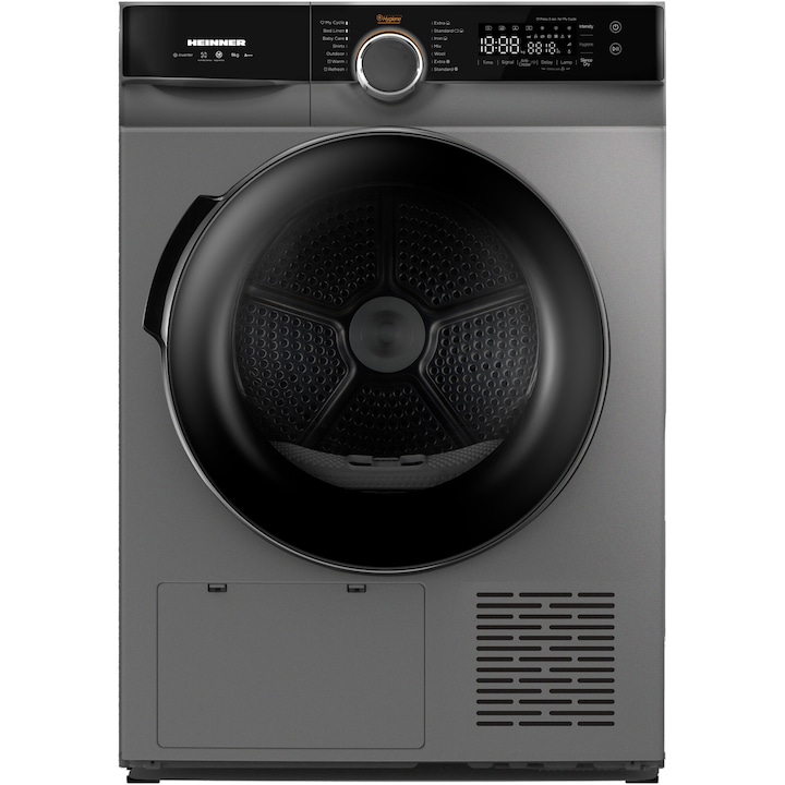 Uscator de rufe Heinner HHPD-M9K3SA+++, Pompa de caldura, 9 kg, Inverter, 14 programe, Clasa C, Control touch, Functie Anti-Sifonare, Program Sterilizare, Iluminare cuva, Argintiu