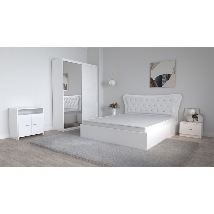 Set Dormitor Dante Alb, Pat Matrimonial 160 cm x 200 cm si Noptiere 48 cm X 32 cm X 35 cm si Dulap cu Oglinda si Usi glisante 150 cm x 200 cm x 61 cm si Comoda Lorena 67 cm x 40,5 cm x 72 cm