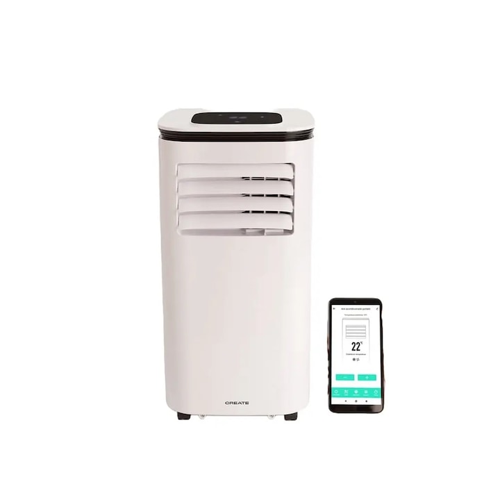 Aparat de aer conditionat portabil CREATE, 9000 BTU, WiFi, aer rece/dezumidificare/ventilatie, consum redus, timer 24h, 3 viteze, functie Sleep, panou cu control touch, ecran LED, filtru anti-praf lavabil, telecomanda si kit de instalare incluse, alb