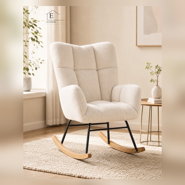Scaun Tip Fotoliu Balansoar Elindor® din Bumbac Moale, Cadru Metalic, Picioare din Lemn, cu Perna Moale si Spatar Inalt, Pufos, Confortabil, Elegant, pentru Dormitor, Living, Camera Bebe, Inclinare 105°, Alb