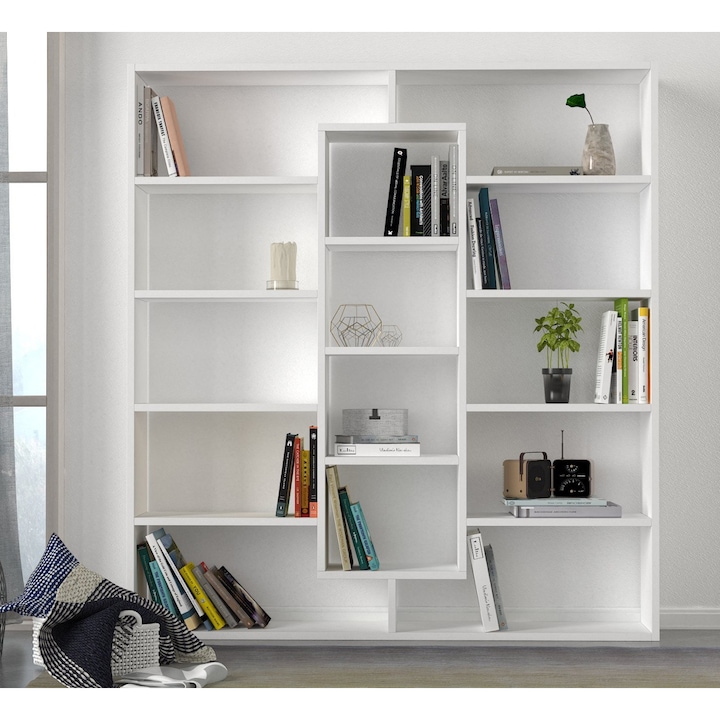Biblioteca, UnicUtil®, Biblioteca Living Moderna Zen Space, 125 x 22 x 135.7 cm, Mobila Living din PAL Melaminat, Rafturi Biblioteca cu Design Asimetric si Modern, Ideala pentru Organizare si Expunere Carti, Documente si Obiecte Decorative, Alb