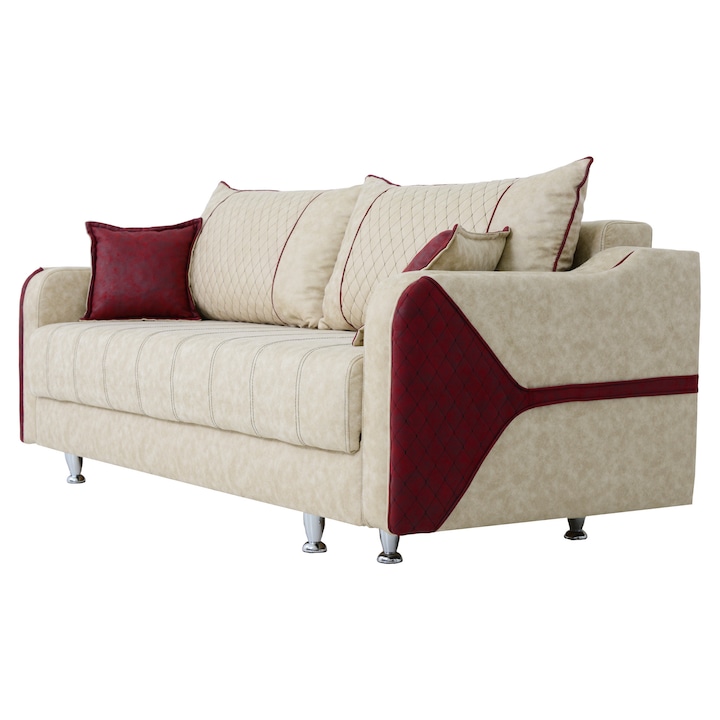 Canapea Extensibila IRIS, Bej/Bordo, Stofa, 3 Locuri, Lada Depozitare, Functie Pat 140×190 cm, 222x80x75 cm, Design Modern, Confort Premium, Mobila Mega