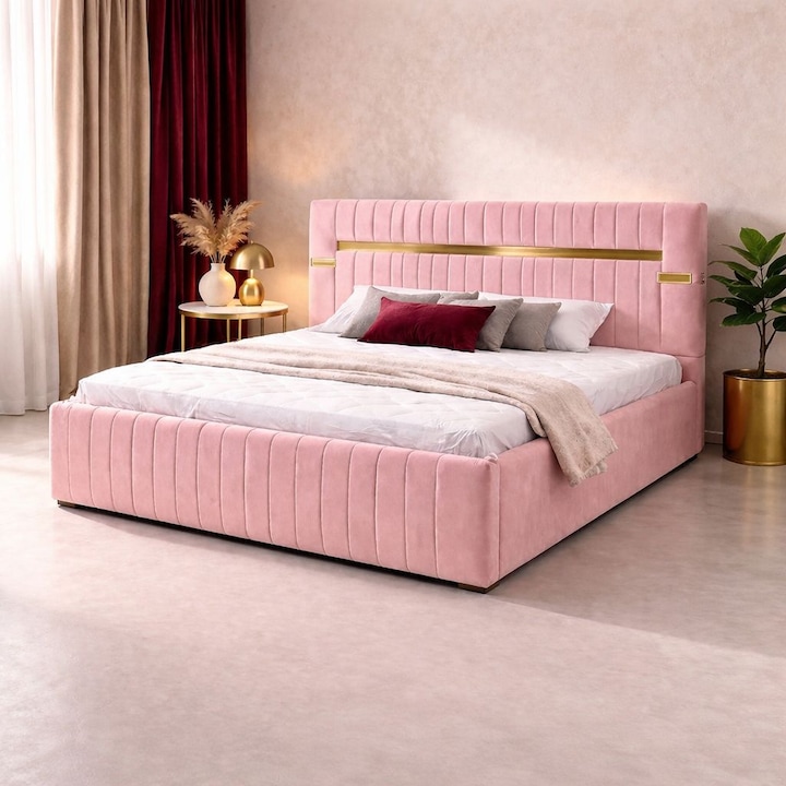 Pat Tapitat Velvet 180x200 Roz Catifea Premium cu Oglinda Aurie, Moteco Stef