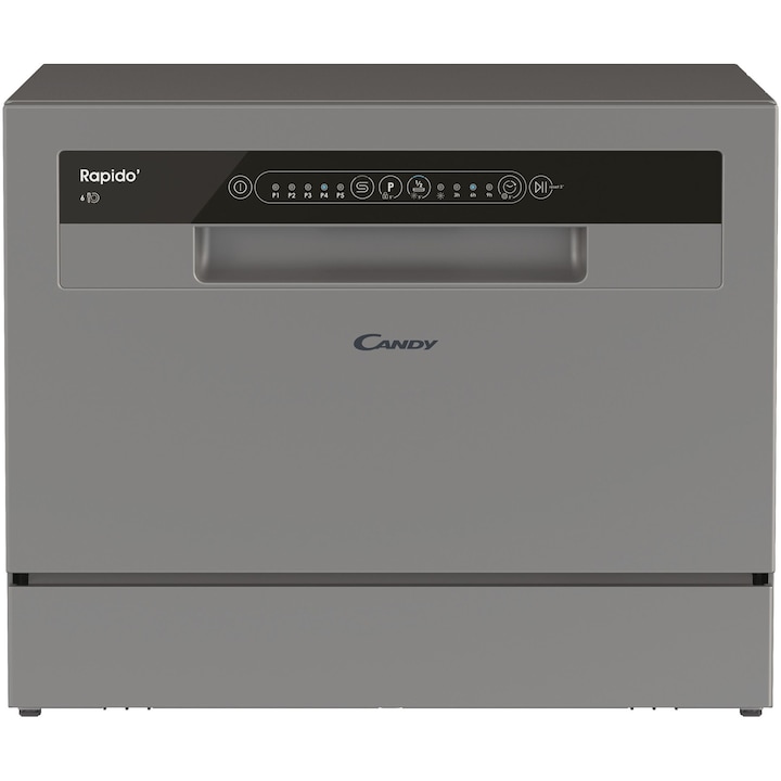 Masina de spalat vase compacta Candy Rapido CP 6E51LS, 6 seturi, 5 programe, Clasa E, Pornire intarziata, Program scurt 35', 55 cm, Argintiu
